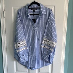 French Connection Blue Striped Blouse with White Lace
